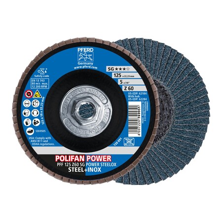 Pferd 5" x 5/8-11 Thd. POLIFAN Flap Disc - Z SG POWER STEELOX, Zirconia, 60 Grit, Flat 62284